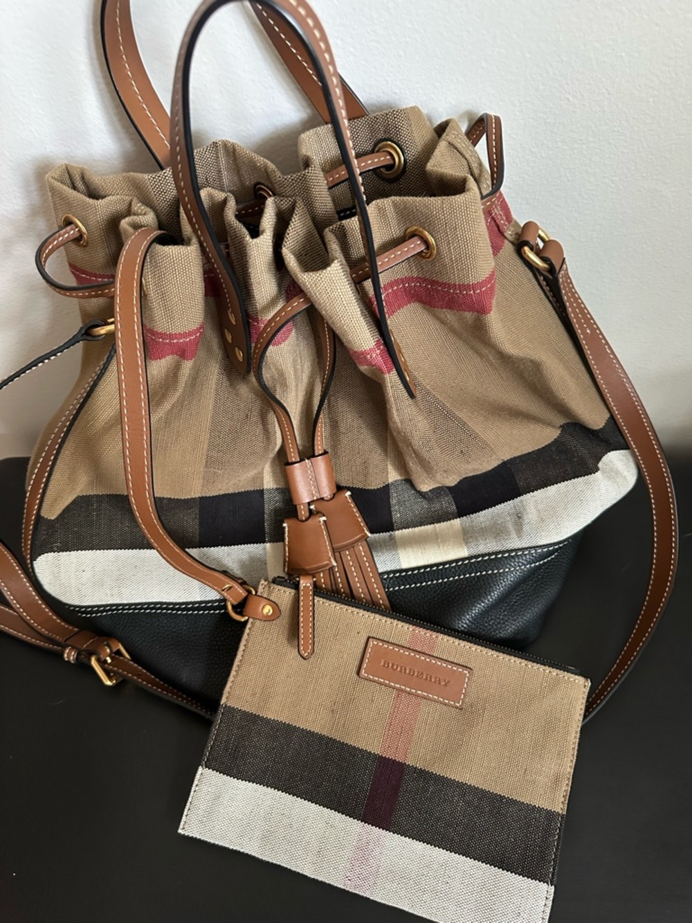 Burberry Beige Check Drawstring Bucket Bag with Brown Leather Trim